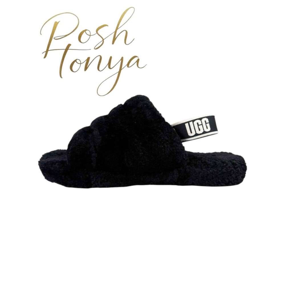 UGG Black Fluff Yeah Slide Slippers Shearling Size 6 Cabincore Cozy Plush